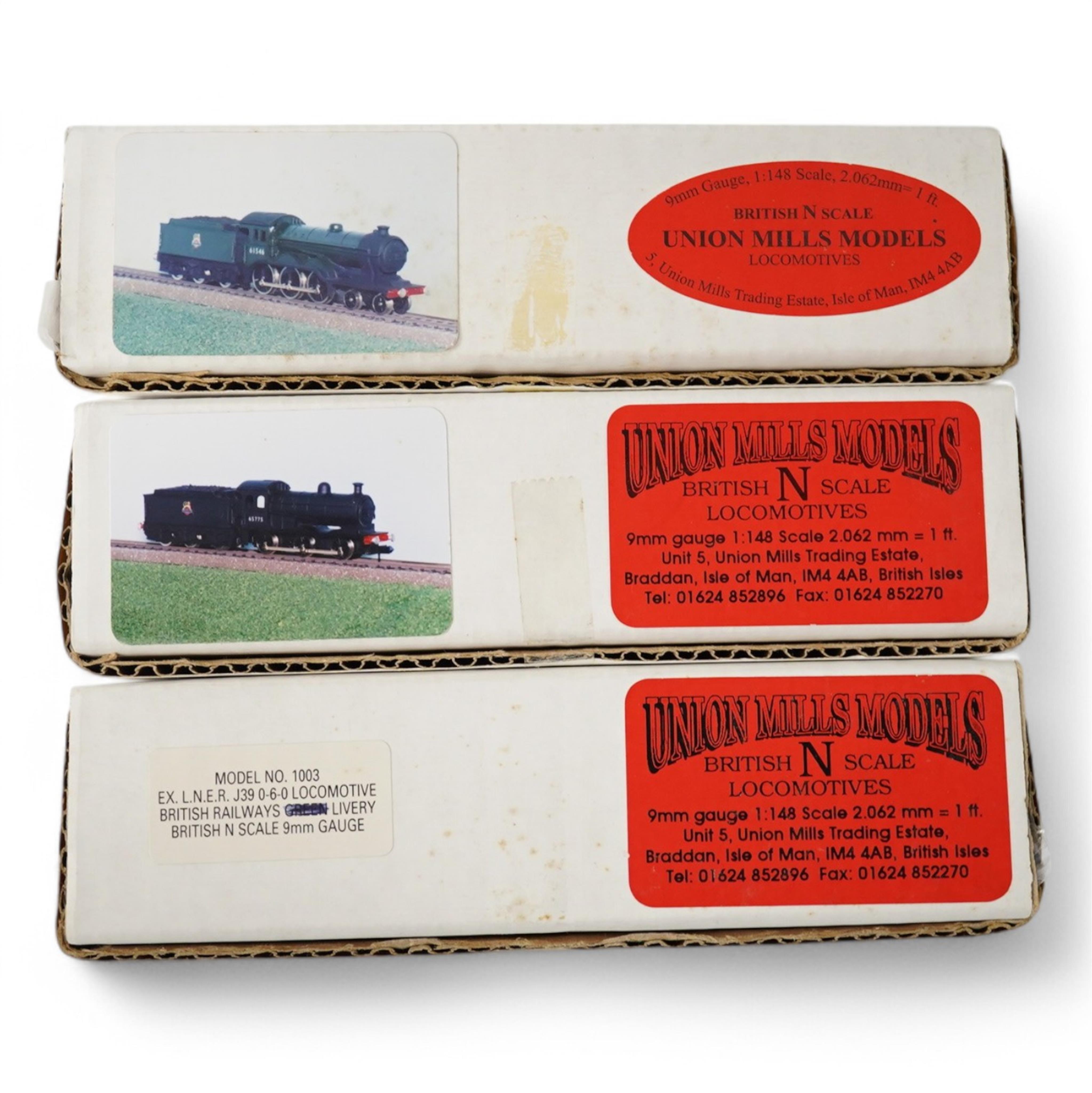 Three boxed Union Mills Models N gauge railway BR locomotives; a Class B12/3, 61546, a Class J26, 65775, and a Class J39, 64927. Condition - good.